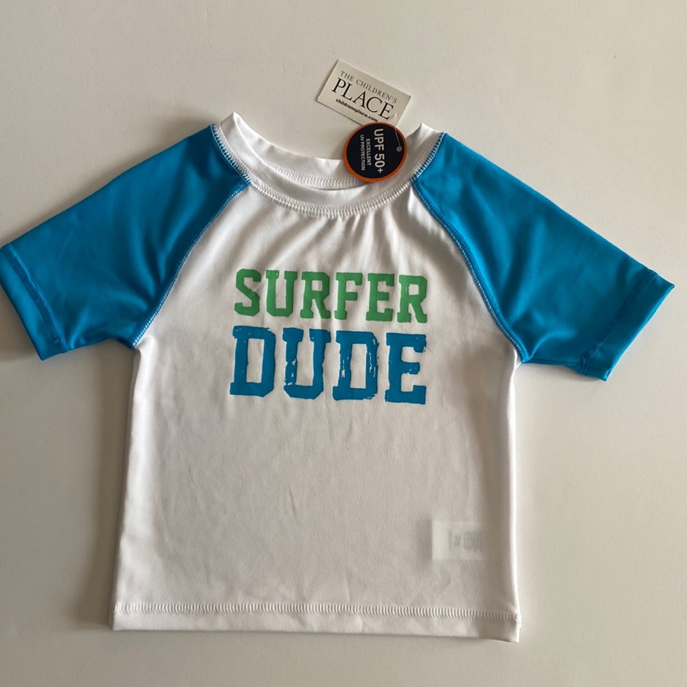 NWT The Children's Place White Rashguard UPF 50+ Surfer Dude size 18-24 Months